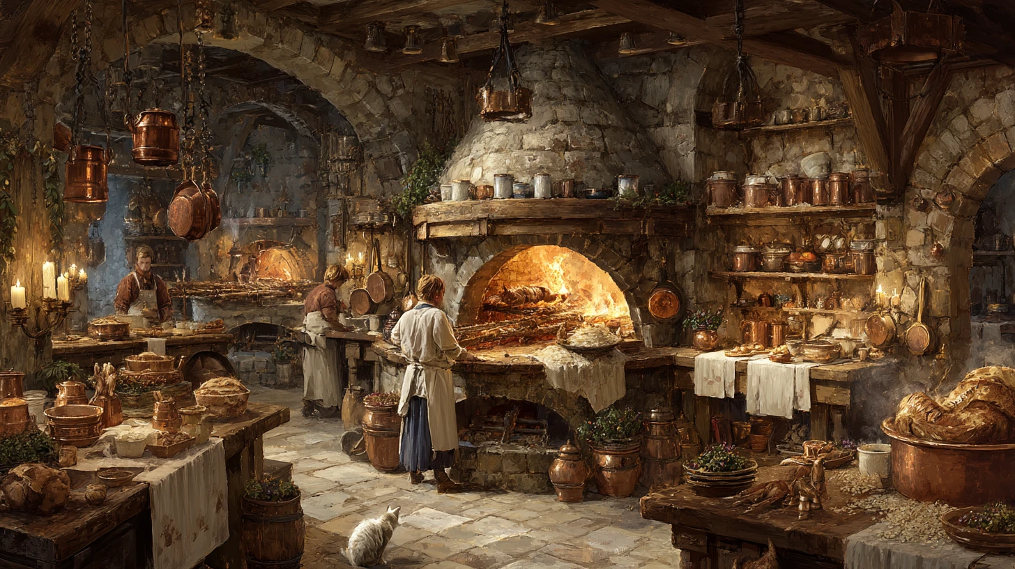 Cheerful medieval castle kitchen bustling with feast preparations
