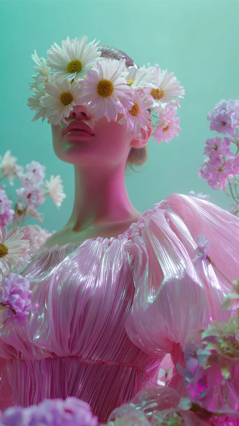 Mujer con vestido rosa, flores y brillo neón