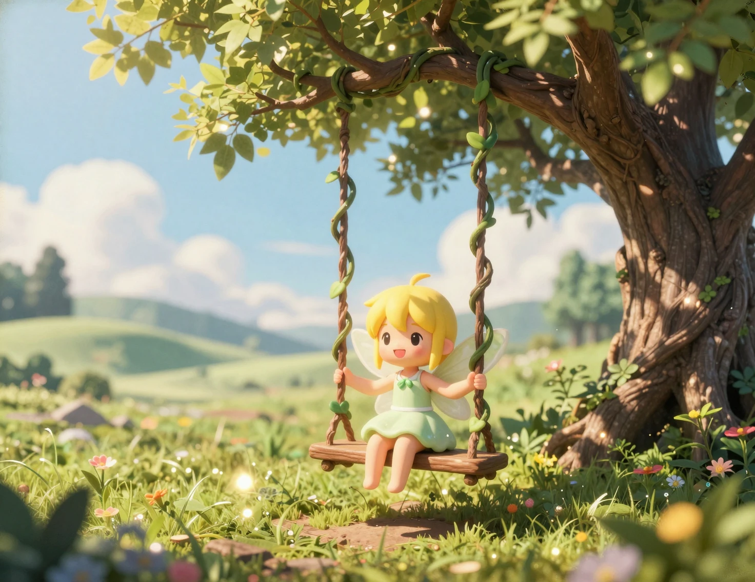 Cute chibi fairy girl on a vine swing in forest