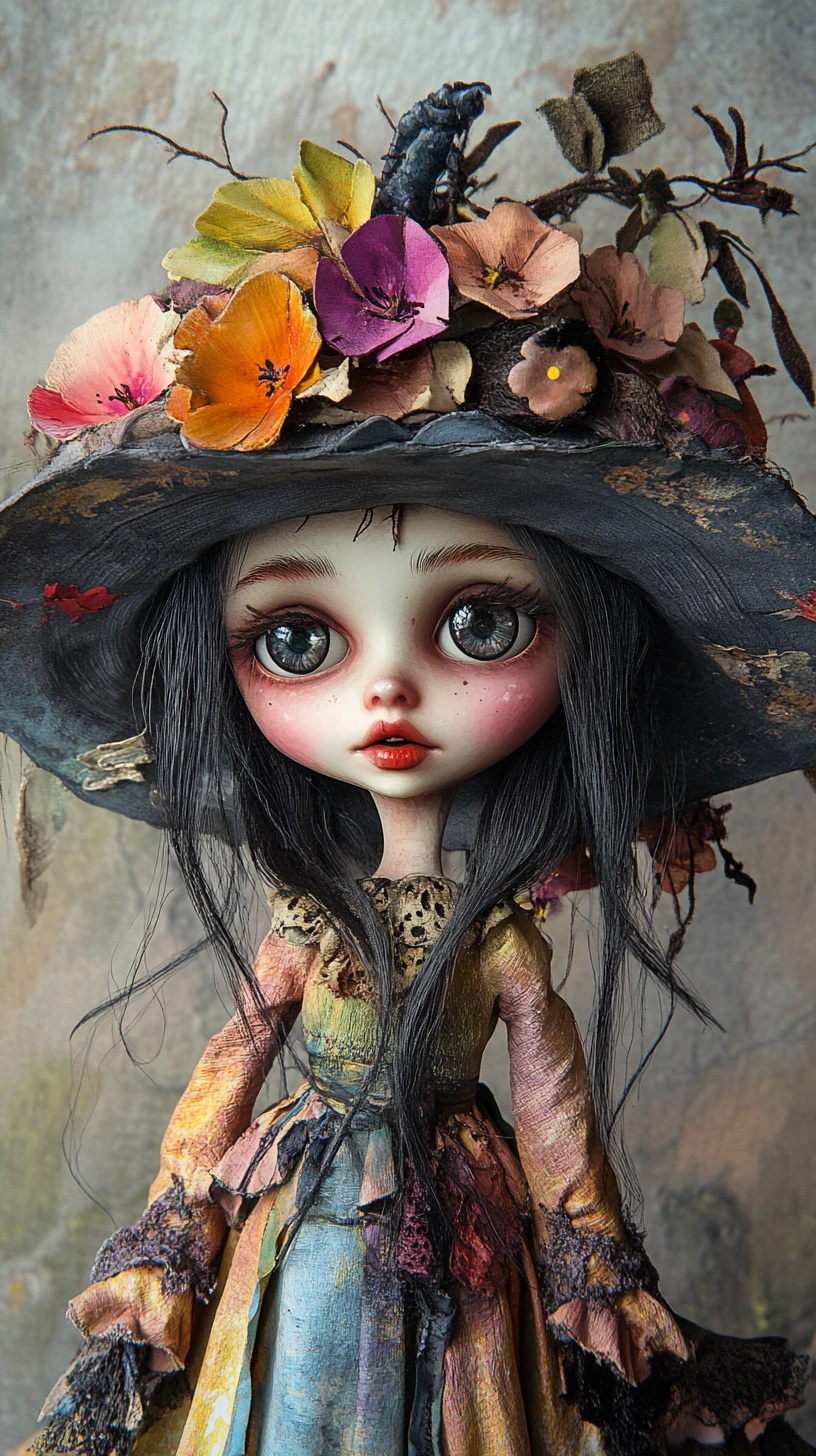 Whimsical gothic fairy doll girl in a tattered flowered hat