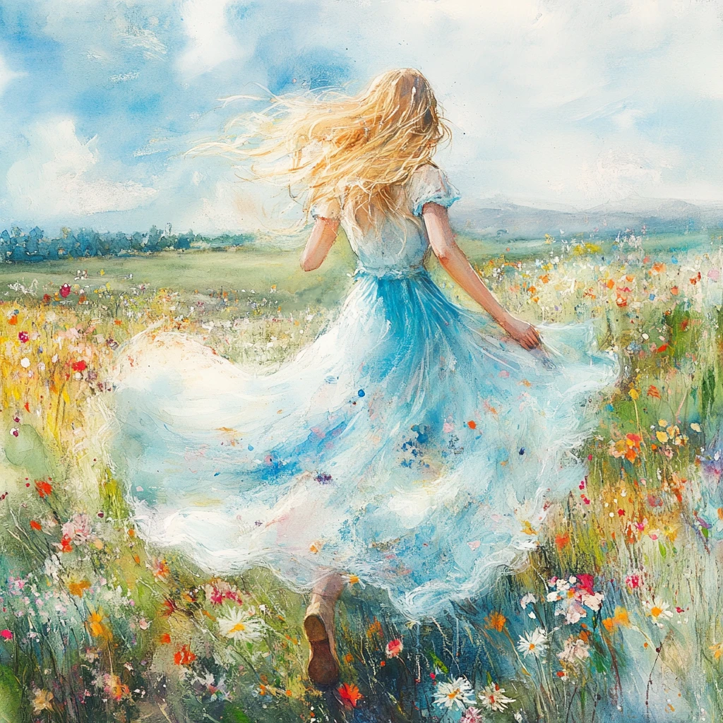Joven mujer corriendo por un colorido campo de flores de primavera