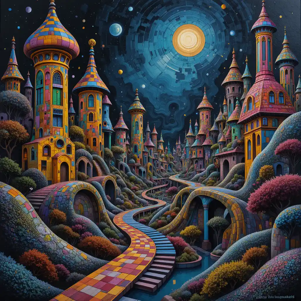 Abstract towers in a molten checkerboard dream landscape