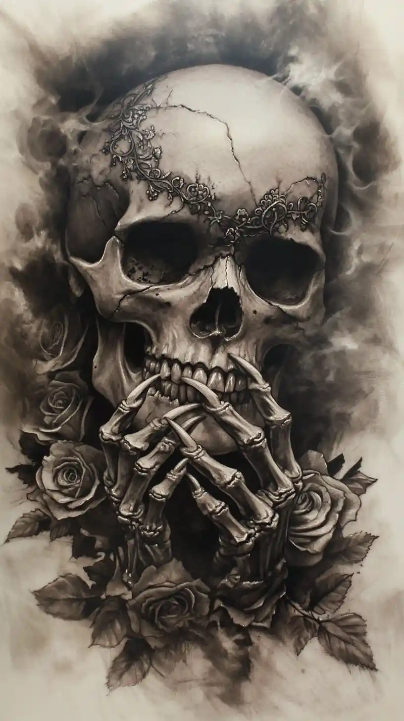 Gothic skull with clasped skeletal hands and blooming roses