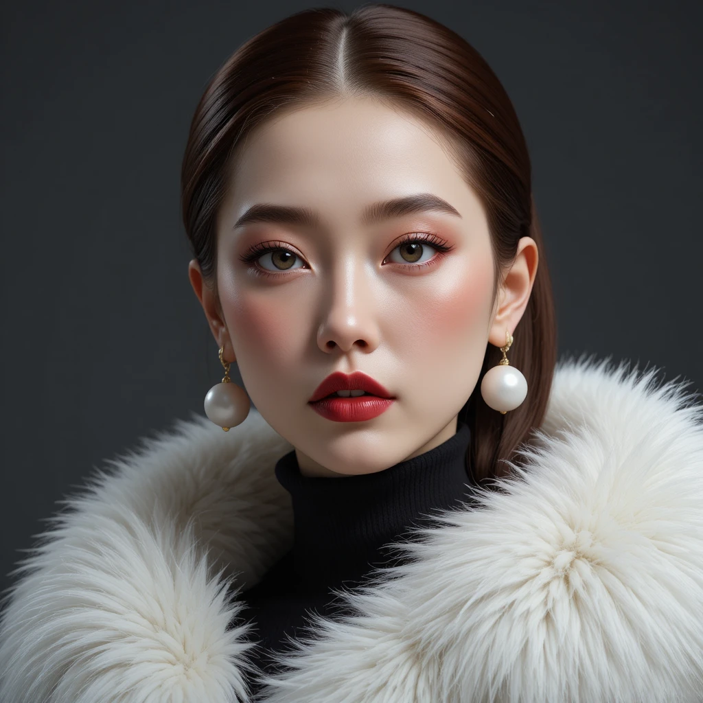 Elegant Korean woman in white faux fur against dark void