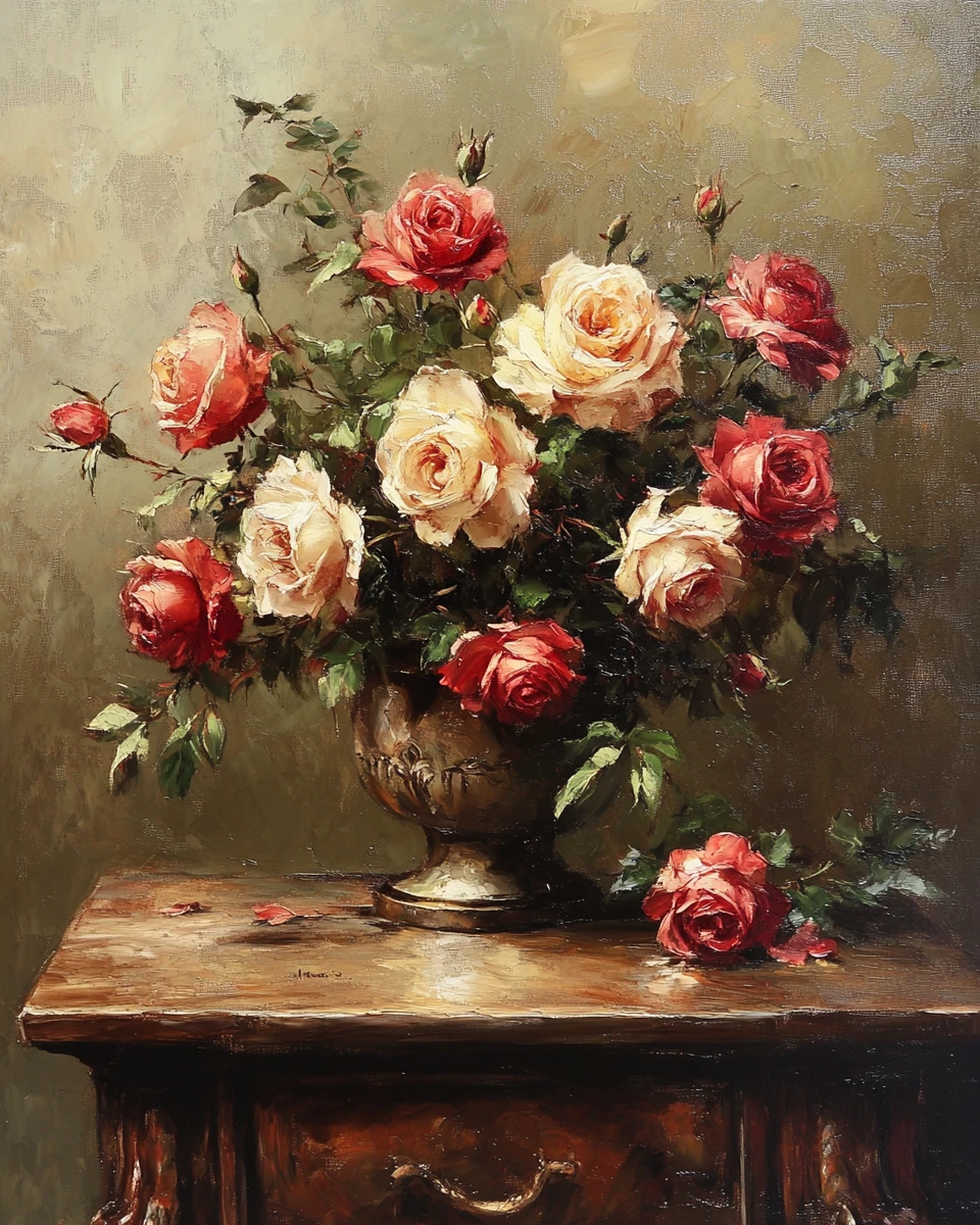 霧に包まれた薔薇の雰囲気ある油絵