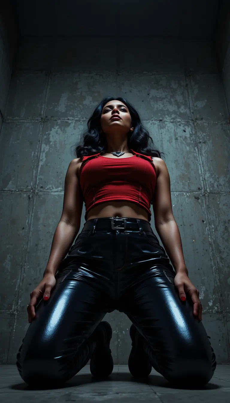 Low angle portrait of glamorous woman in tactical vest