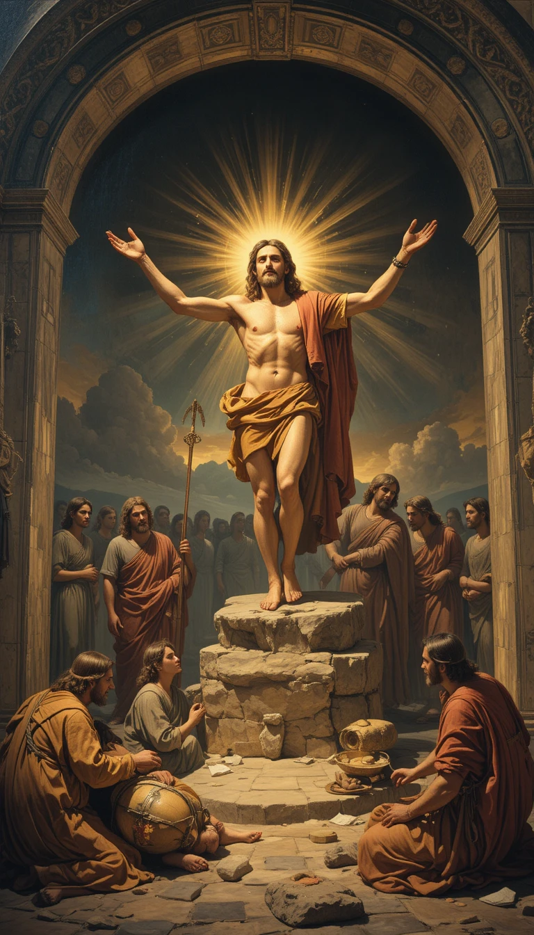 Cristo risorto che si innalza dal sepolcro vuoto all’alba