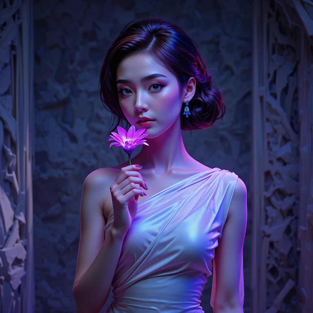 Koreanische Frau mit roten Haaren, die eine violette Blume hält