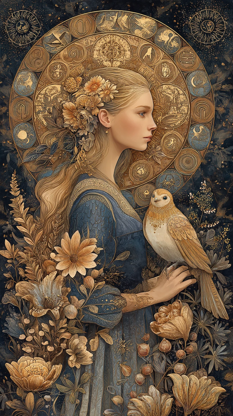 Ethereal forest maiden with bird and mysterious gaze