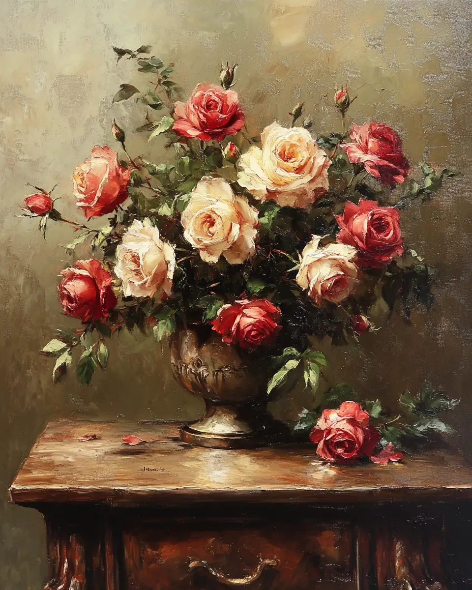 Atmospheric oil painting of roses in moody foggy tones