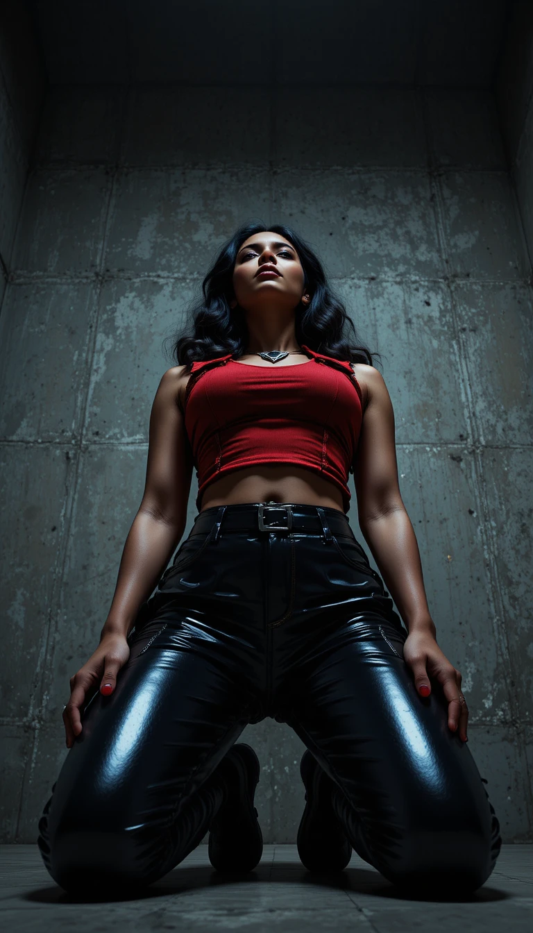 Low angle portrait of glamorous woman in tactical vest