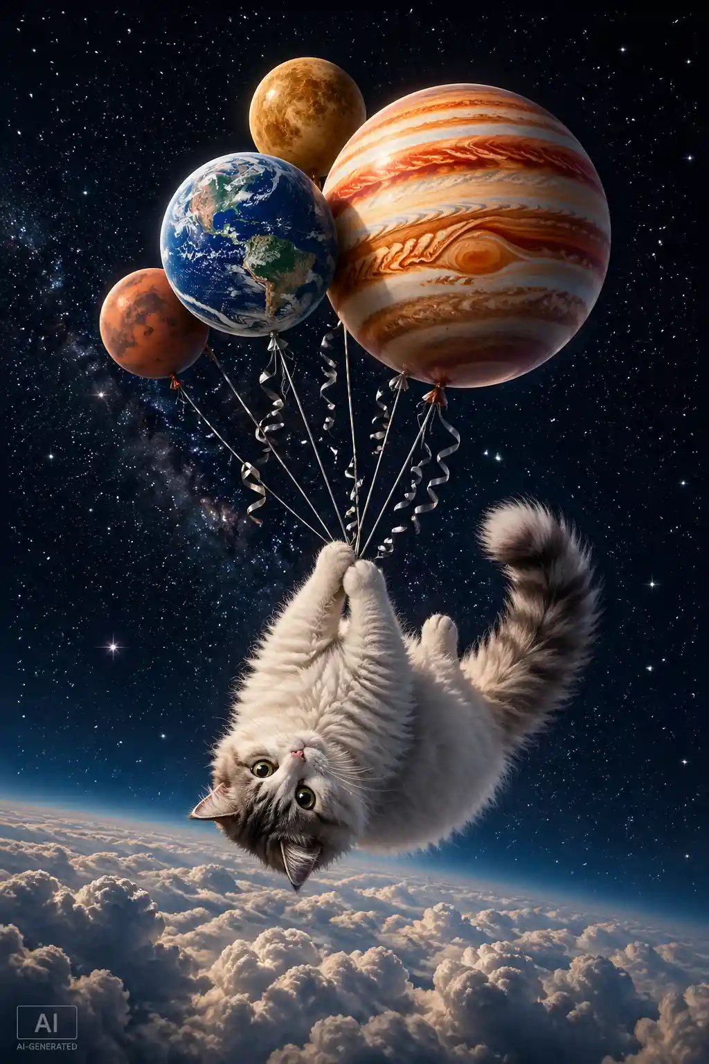 Gatto soffice che fluttua con palloncini a forma di pianeta nello spazio