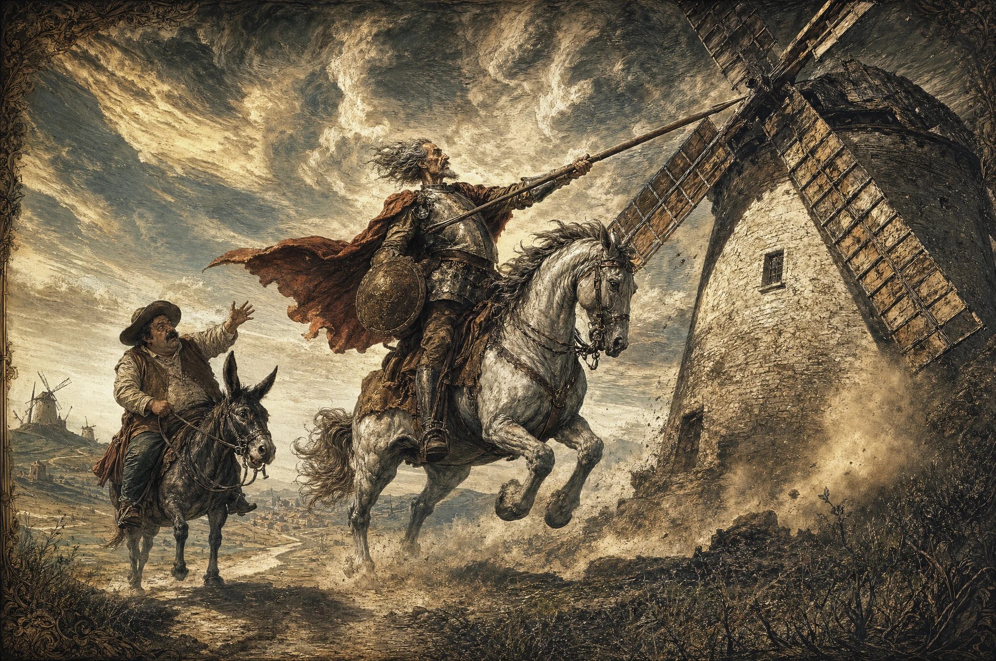 Knight and squire charging against towering windmills