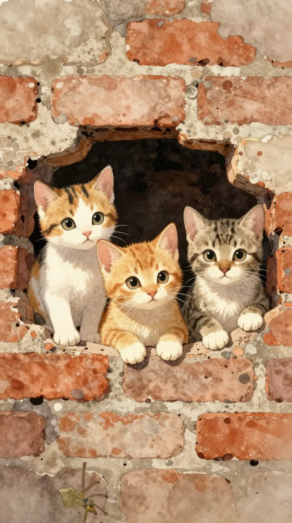 Trois chatons curieux regardant à travers des trous dans un mur de briques