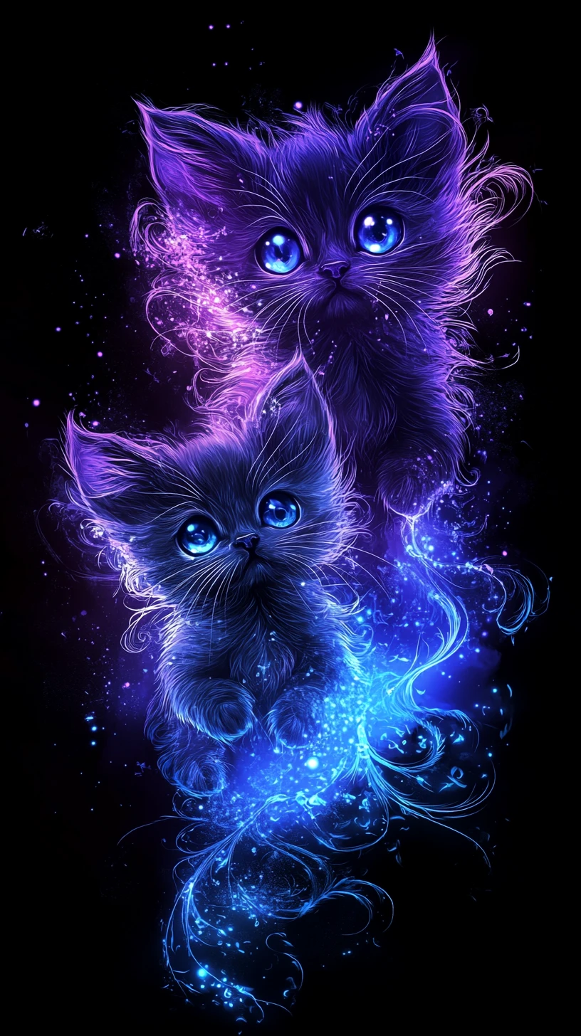 Glowing gothic kittens with swirling magical particles