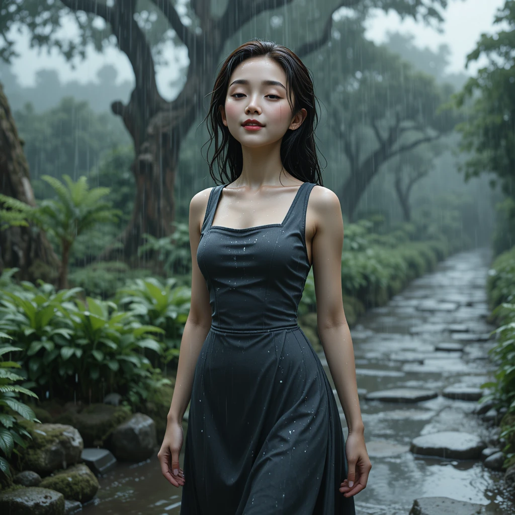 Serene woman enjoying gentle rain on a forest trail