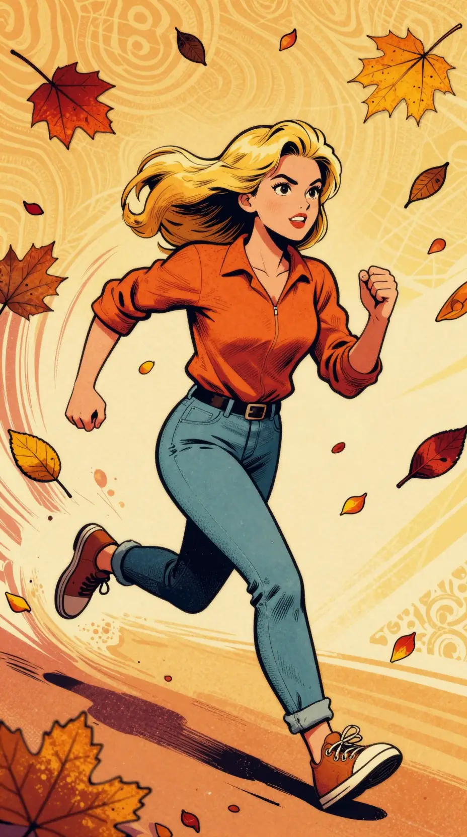 Determined blonde runner in swirling autumn leaves illustration