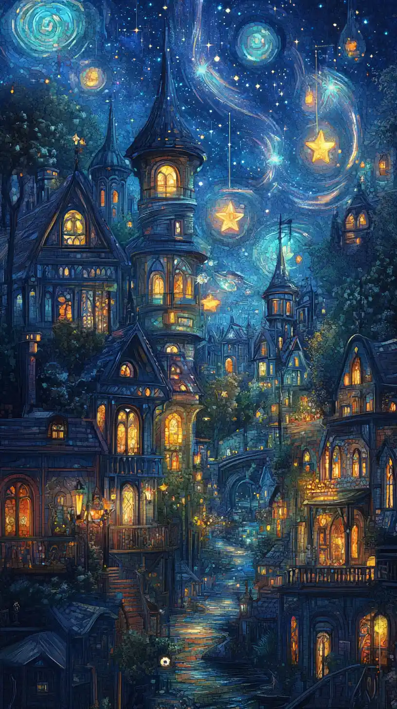 Serene Fantasy Village Under A Deep Blue Night Sky