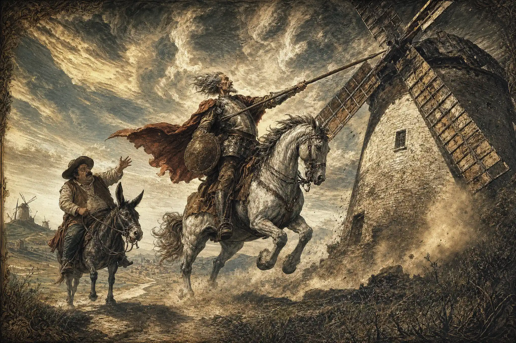 Ritter und Knappe stürmen gegen riesige Windmühlen