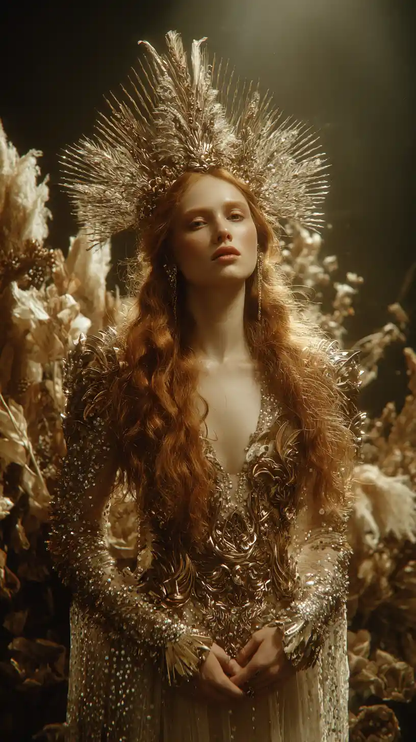 Red haired nature goddess in jeweled gown and golden armor