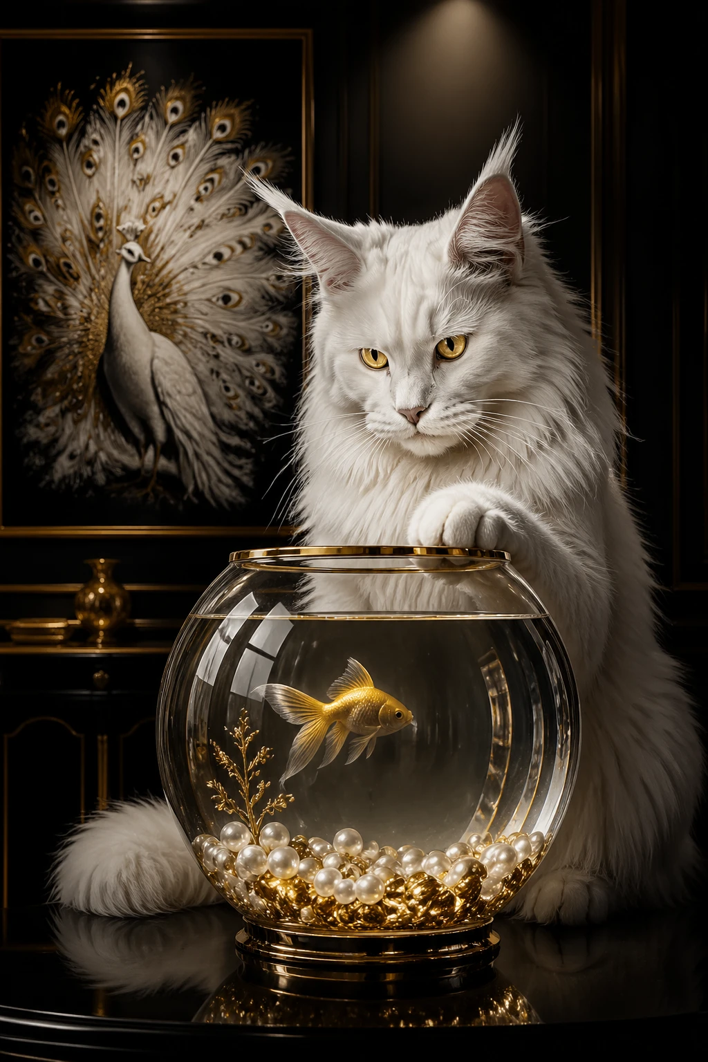 White maine coon watching a goldfish bowl under spotlight