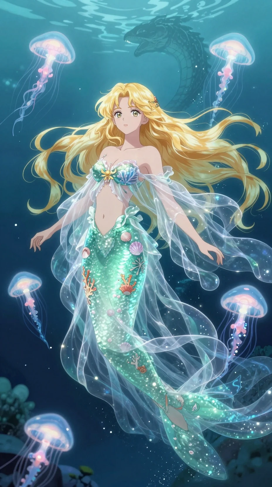 Golden haired mermaid in flowing seafoam gown underwater