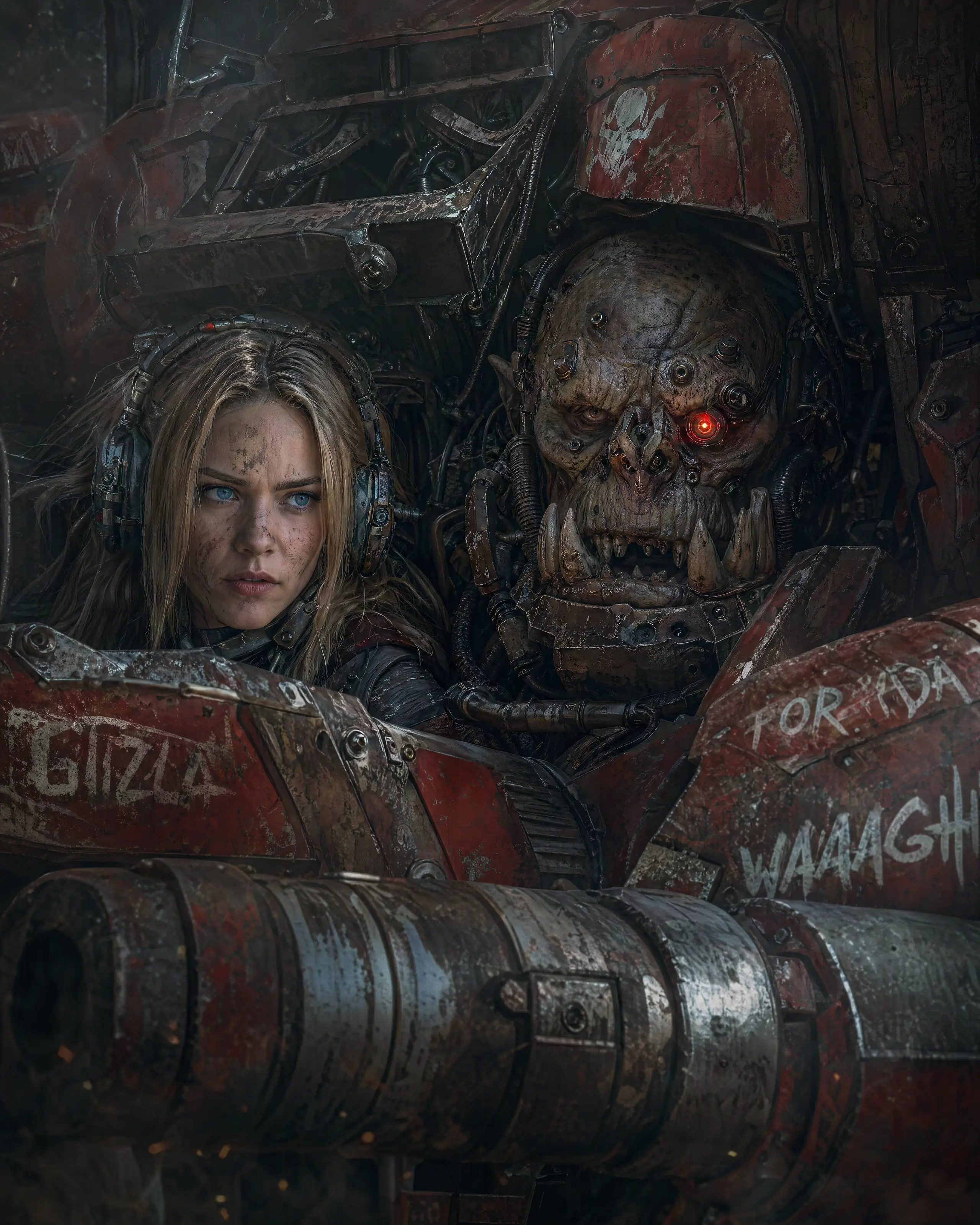 Human and orc pilots share a grimdark war machine cockpit