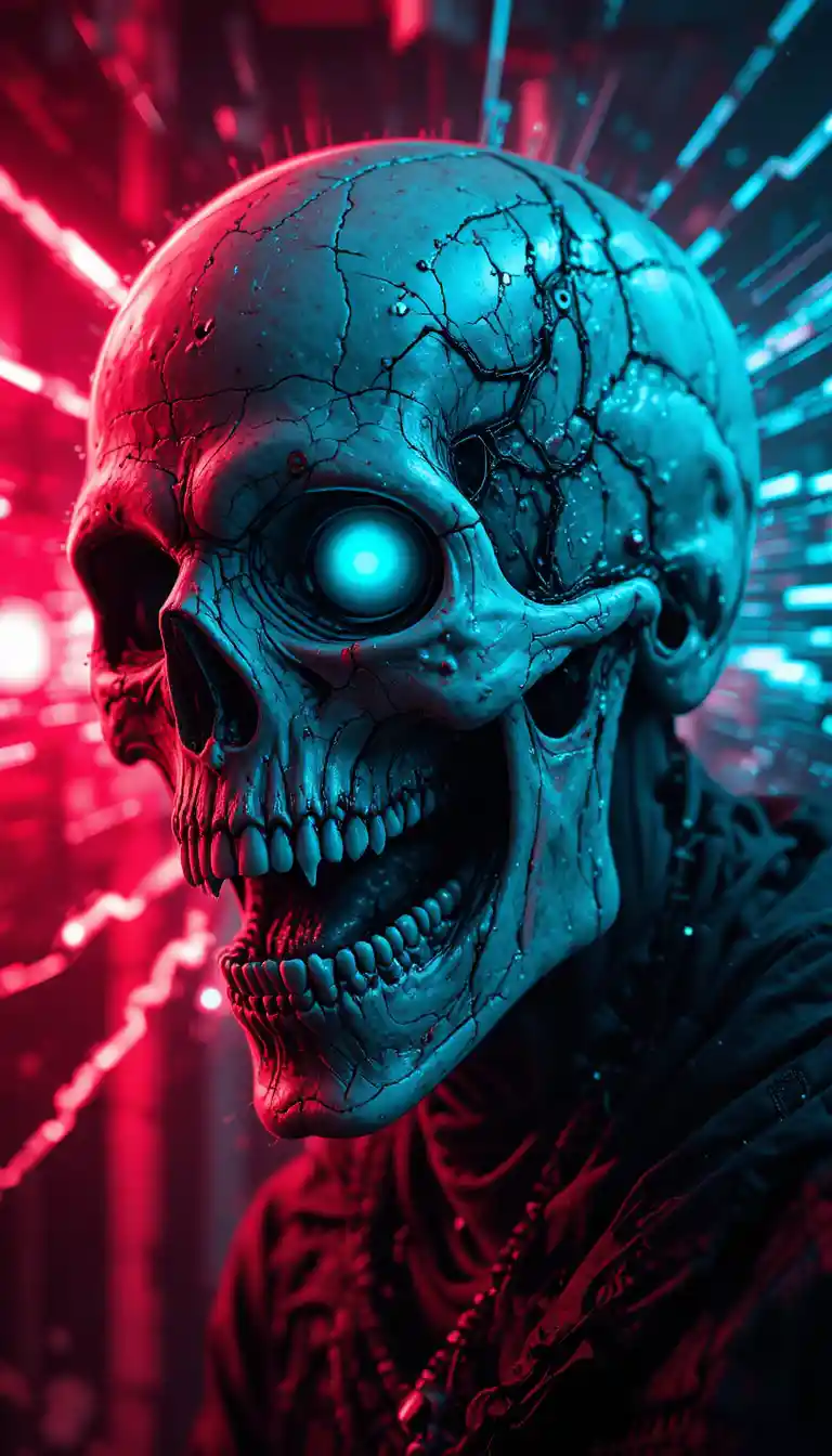 Cyberpunk skull with glitching red and blue digital background