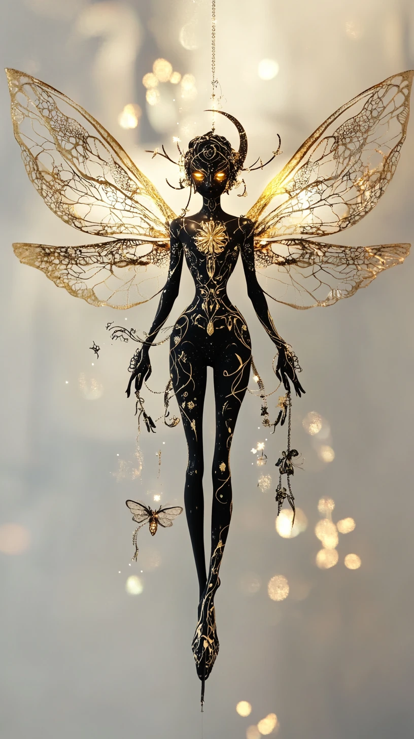Serene fairy with dragonfly wings in lunar stardust glow