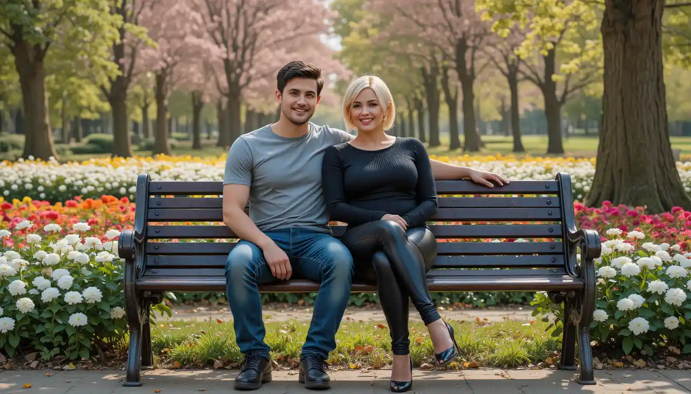 Young man and older woman sitting together on park bench