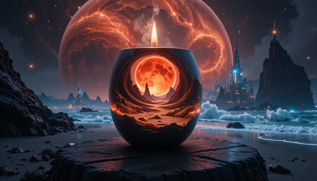 Surreal galaxy landscape glowing inside a single candle