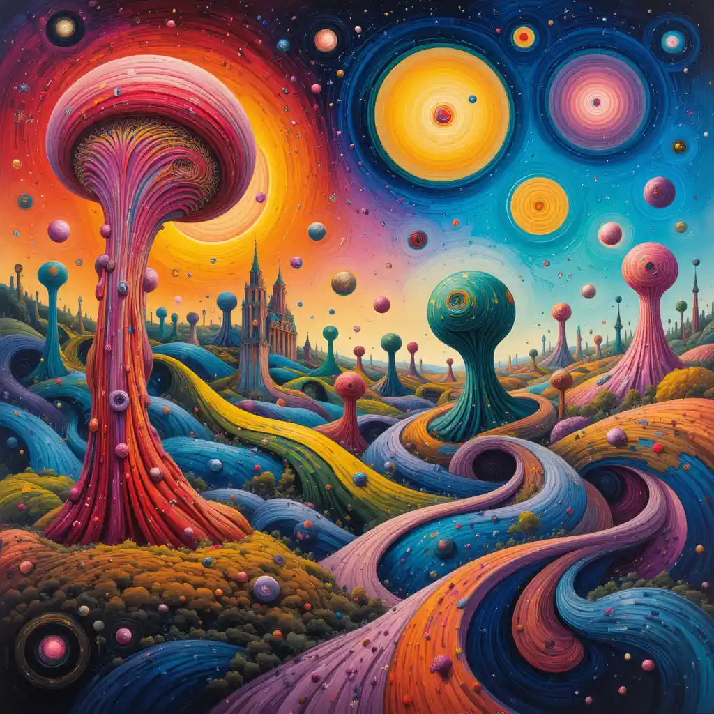 Surreal abstract landscape of swirling organic rainbow forms