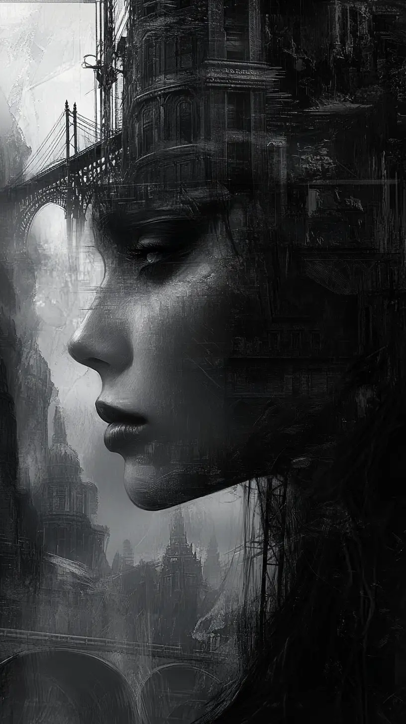 Gothic woman fused with a labyrinthine dark metropolis