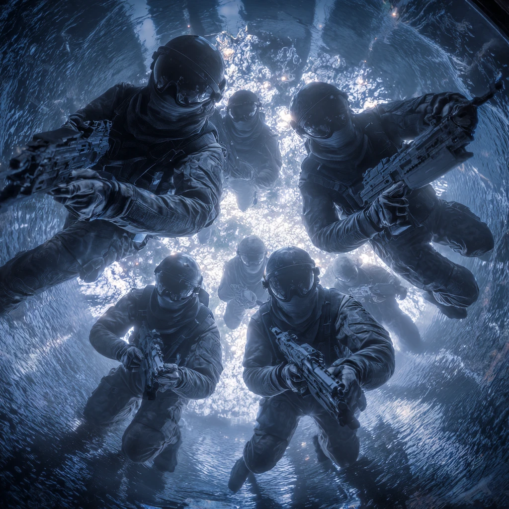 Armored marines in formation before glowing holographic display