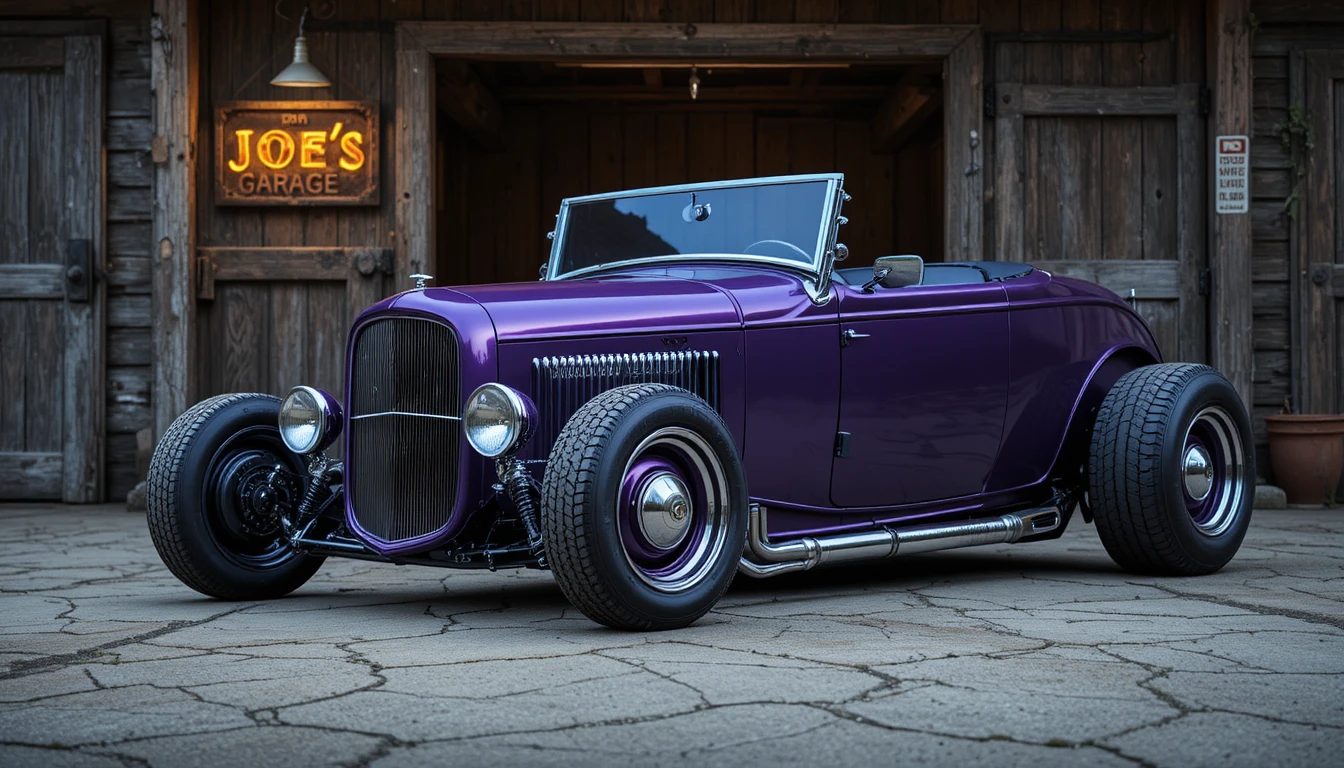 Metallic purple hot rod roadster by an old wooden garage