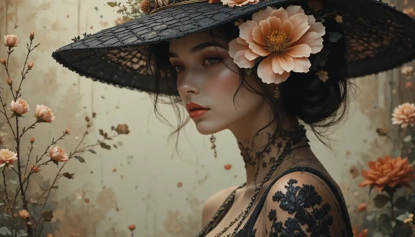 Elegant vintage woman in wide brim hat with red lipstick