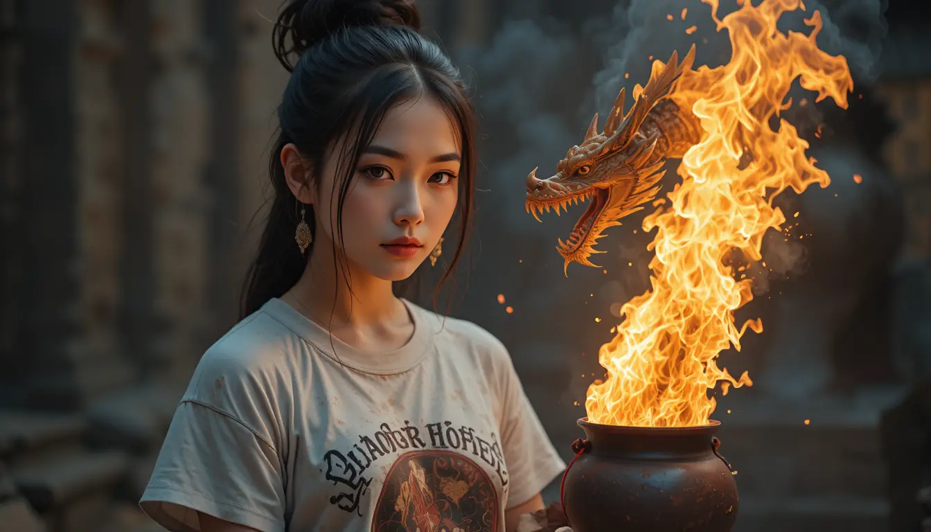 Asian woman tied to a post before a fire breathing dragon