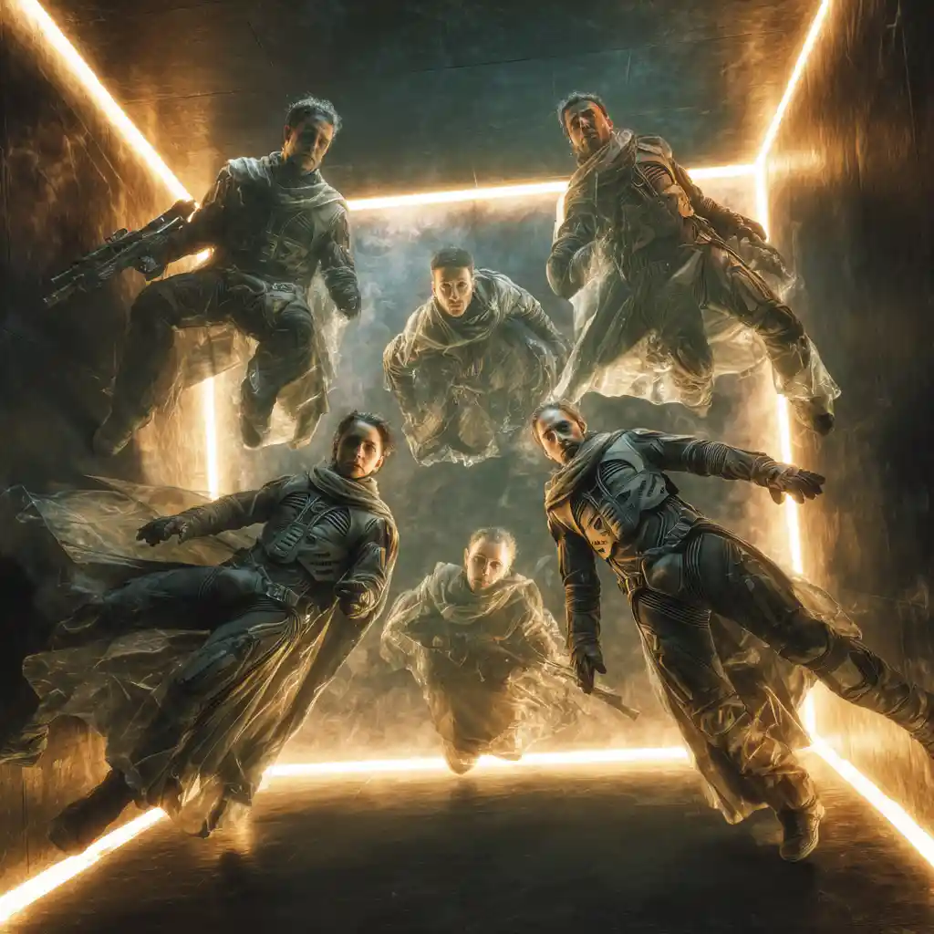 Futuristische Marines in Formation auf einem filmischen Sci‑Fi-Schlachtfeld