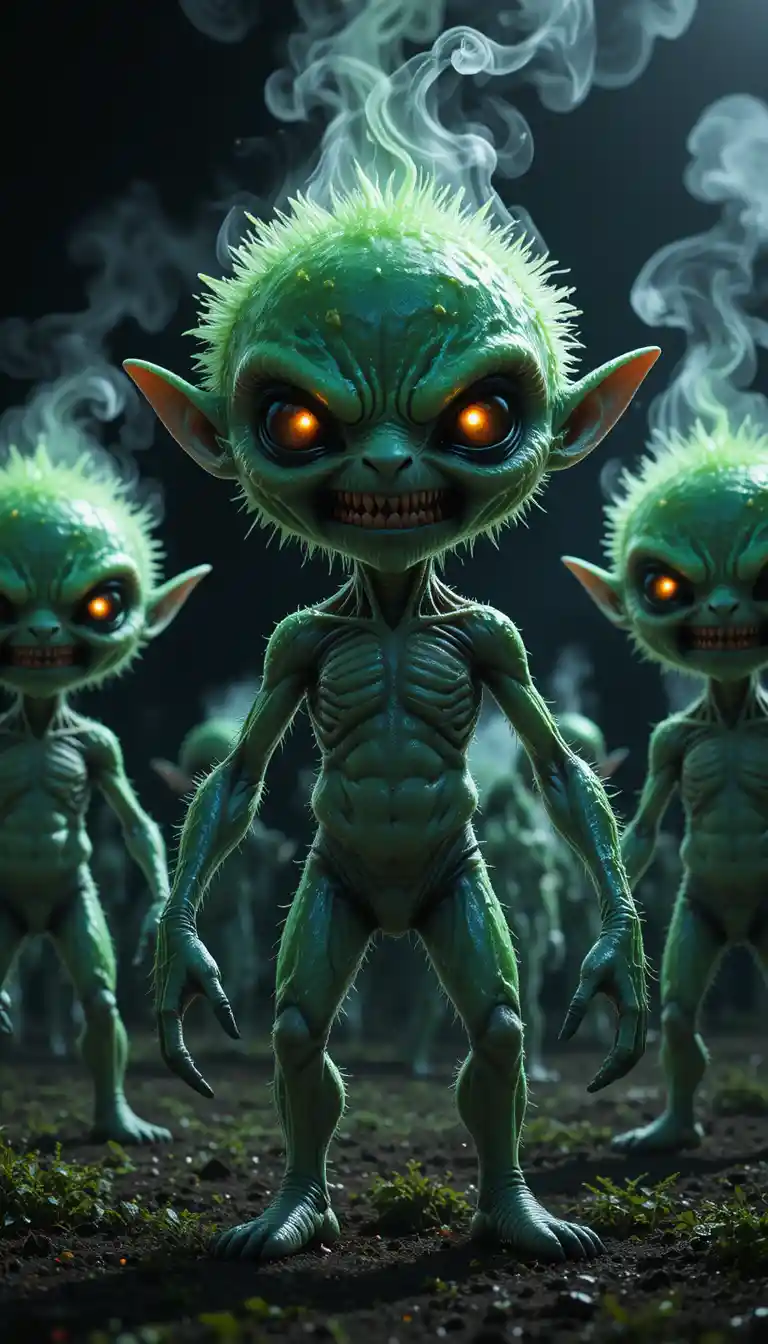 Silver alien beings standing in a dark farmyard night