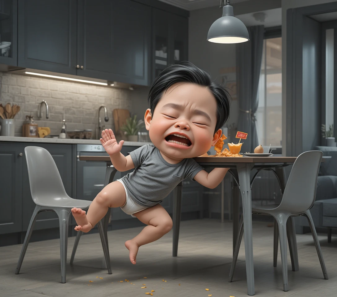 Crying baby falling near table in modern kitchen