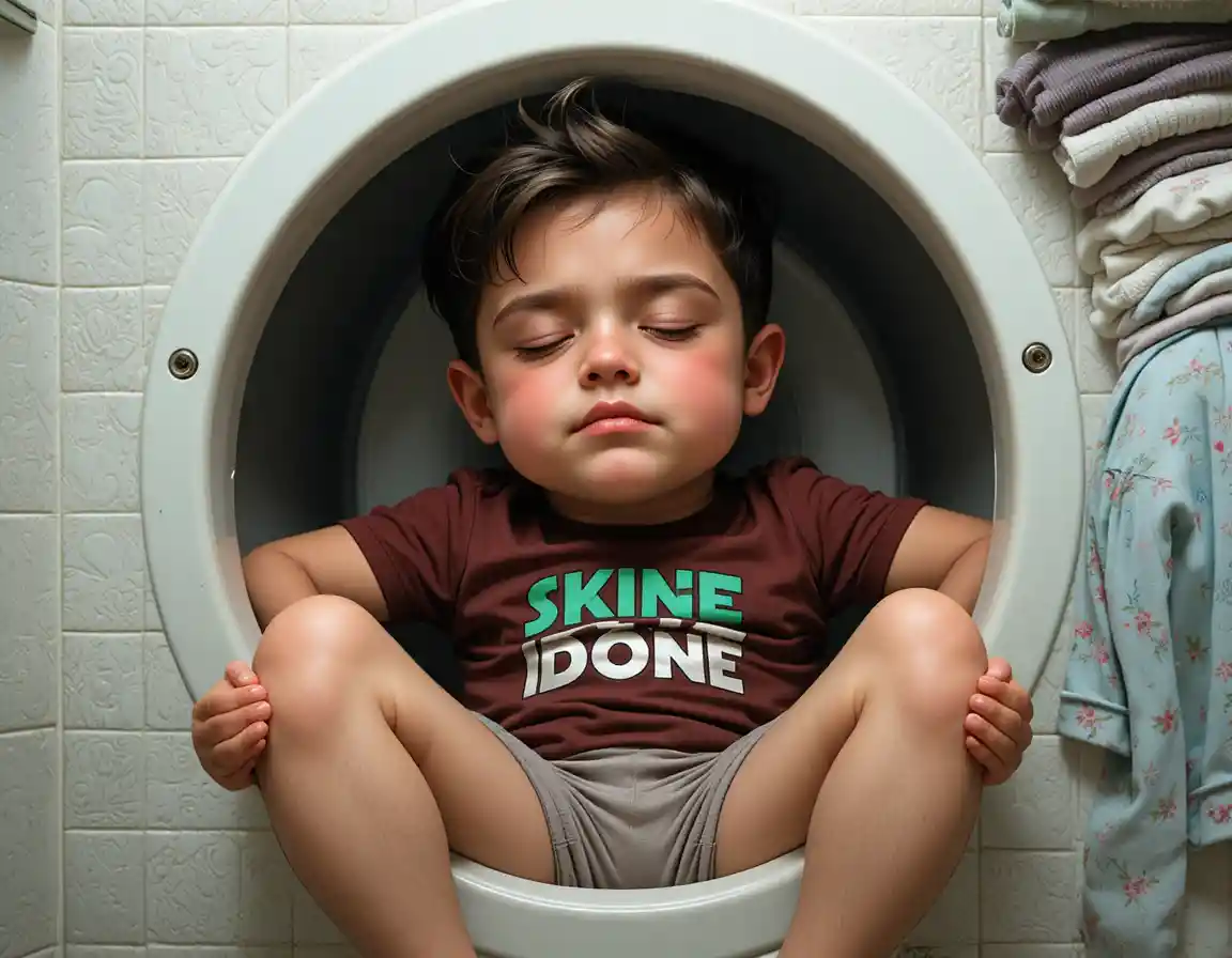 Sleeping toddler curled up inside a toilet seat