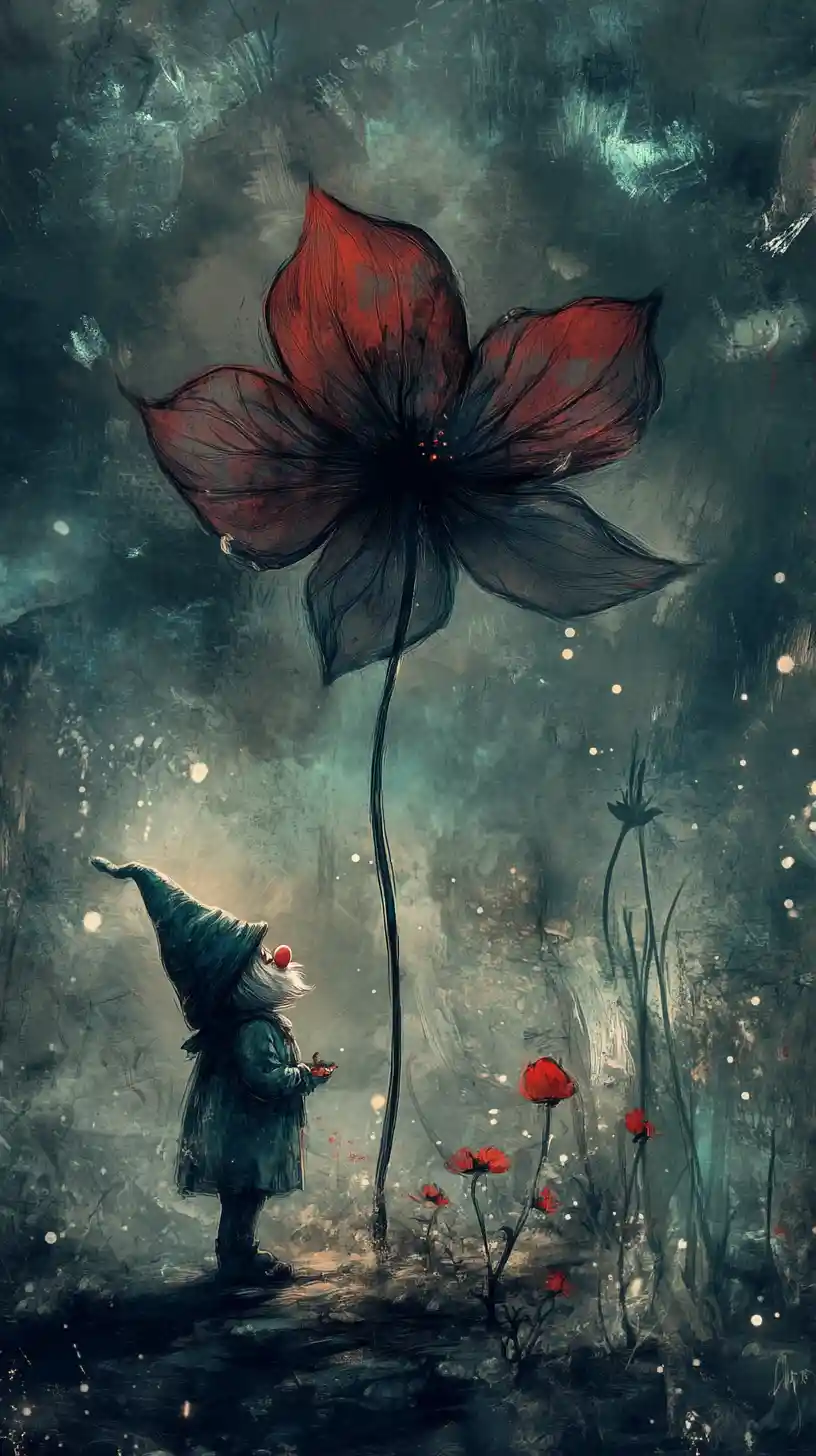 Whimsical gnome beside an otherworldly flower in soft light