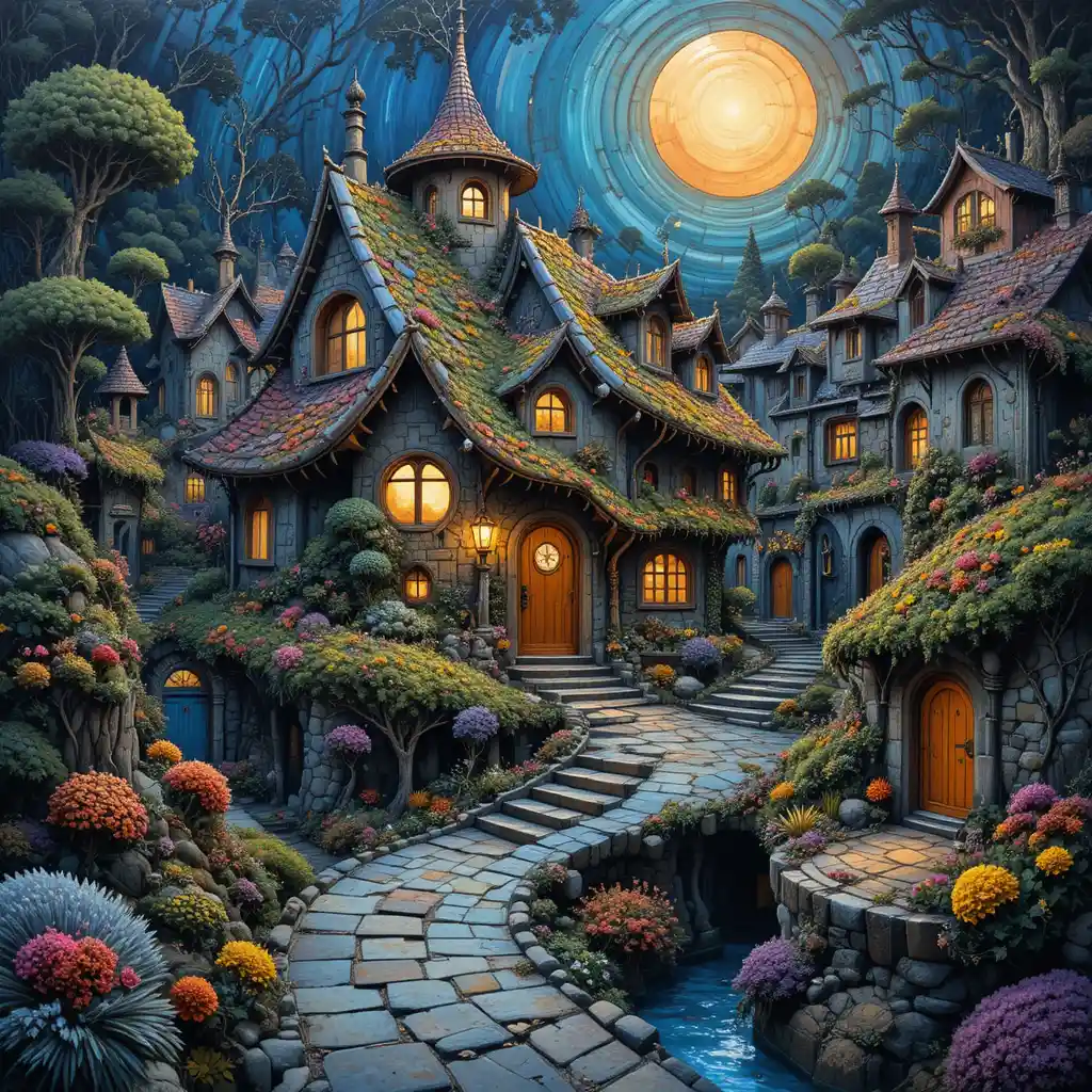 Surreal village of melting walls and wildflower covered roofs