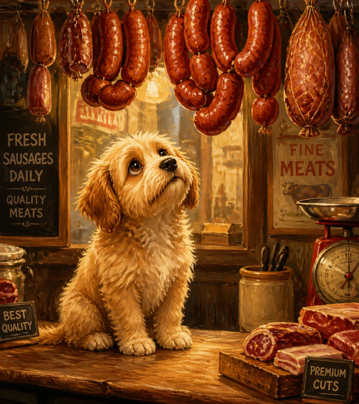 Cute dog staring at hanging sausages in butcher shop illustration