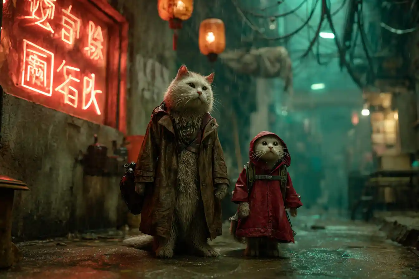 Two cats in red neon lit rainy cyberpunk alley