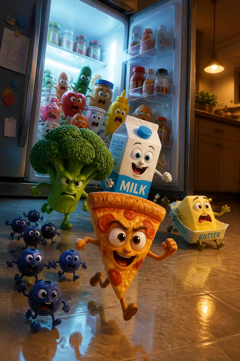 Anthropomorphic food escaping from an open fridge at night