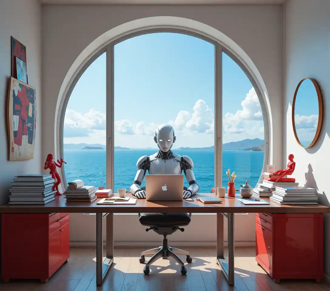 Humanoid office robot working at a modern minimalist desk