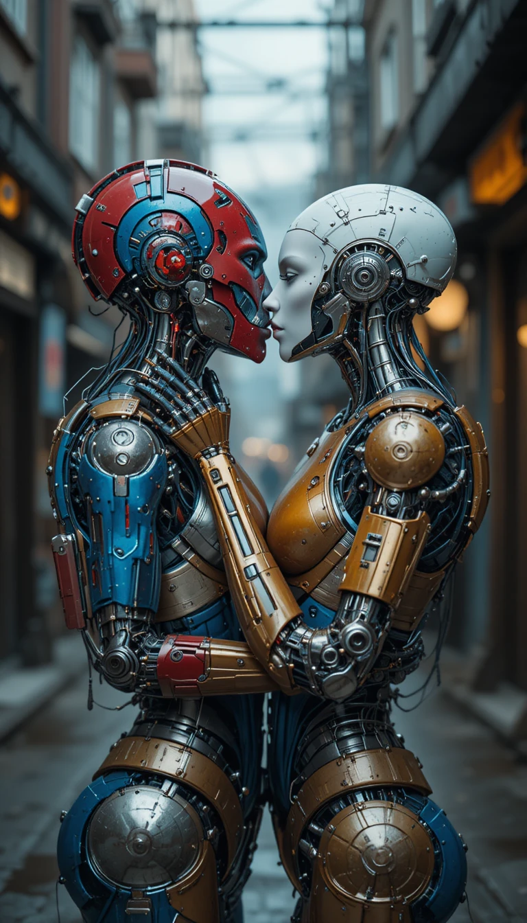 Two humanoid robots sharing a tender kiss in the city