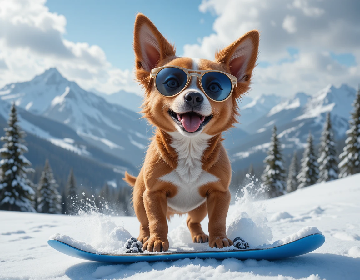 Playful golden puppy snowboarding in sunny alpine mountains