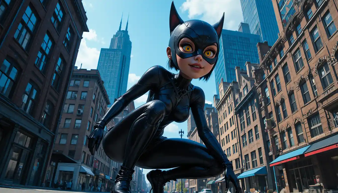 Heroic catwoman crouching on futuristic city rooftop